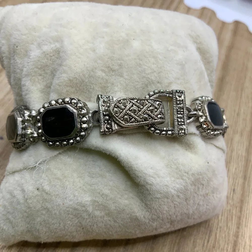 Black Faux Onyx Glass Antique Style Silver Tone Border Bracelet